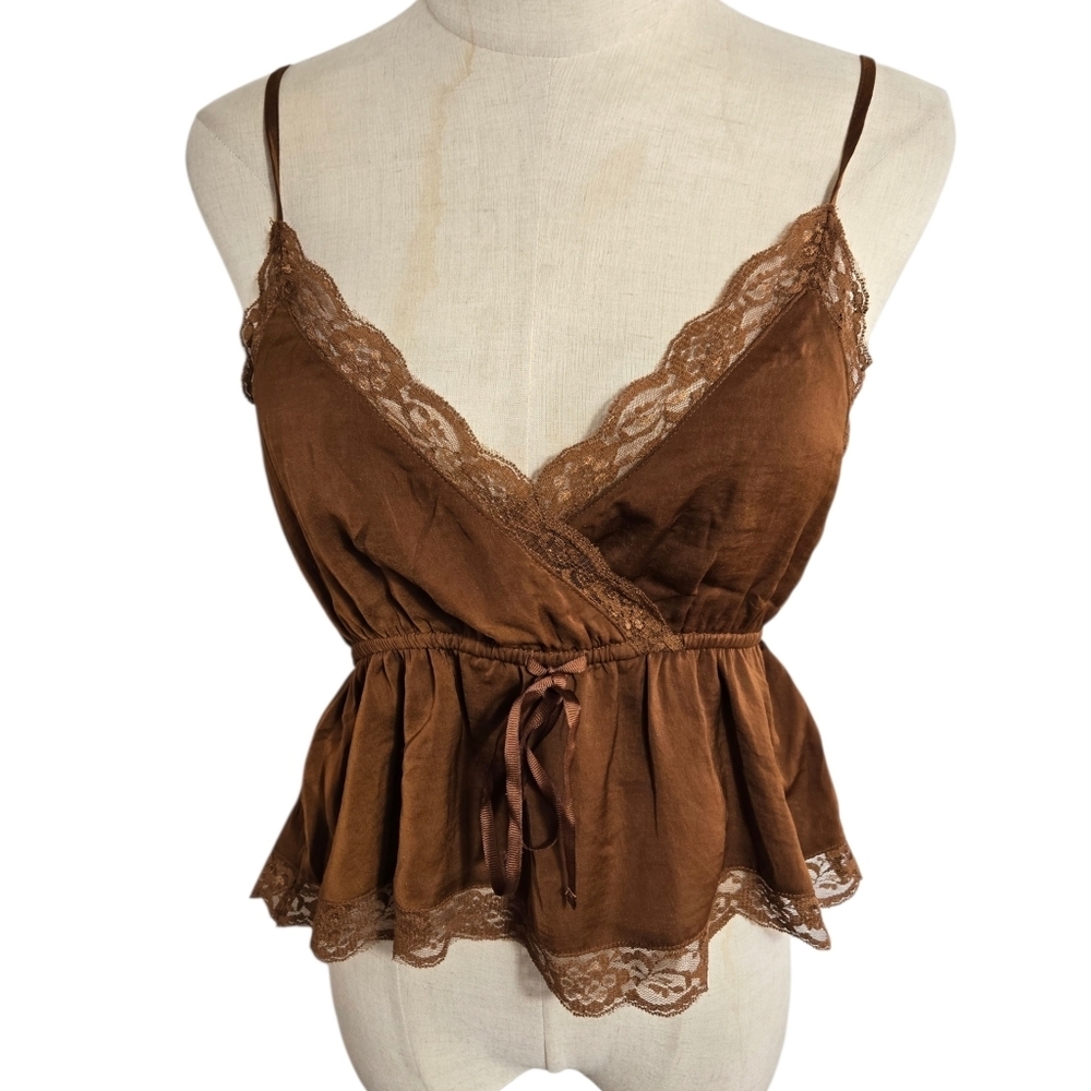 American Eagle Outfitters Brown Lace-Trim Wrap Cami Festival Top